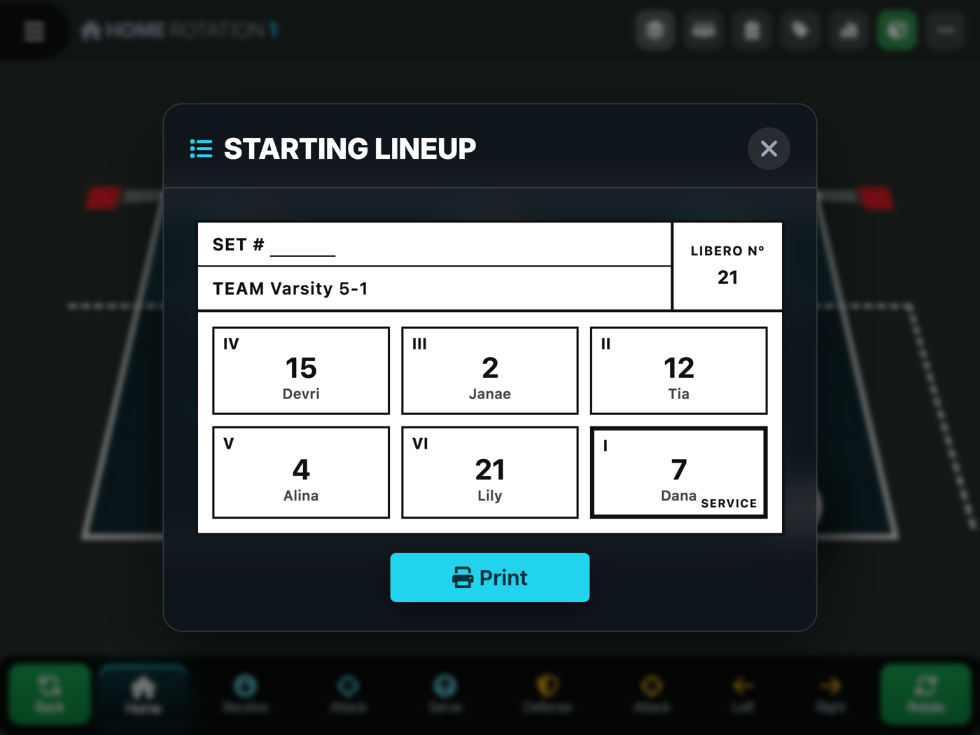 Printable line-up sheet showing jersey numbers, first server, and libero