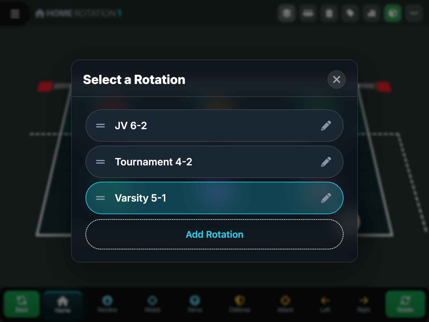 Select a Rotation screen listing rotations with reorder handles and edit actions