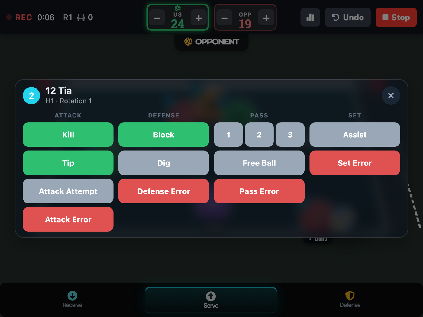 Live stat-taking sheet with per-player action buttons for attack, serve, pass, and defense