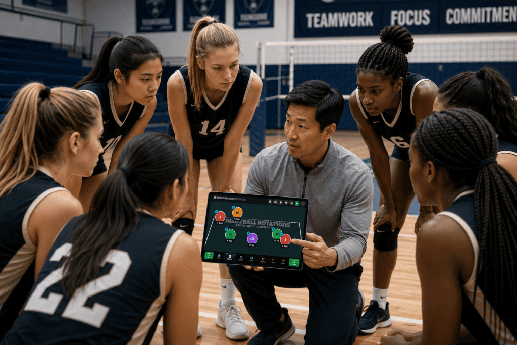 Volleyball Coach Showing The Volleyball Rotations App To Players On The Court To Teach Rotations