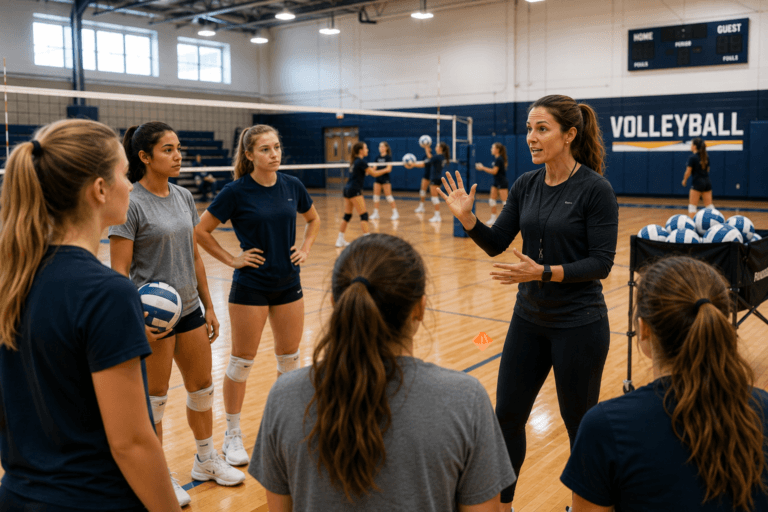 Volleyball Coach Instructing Her Players At Volleyball Practice About Rotations
