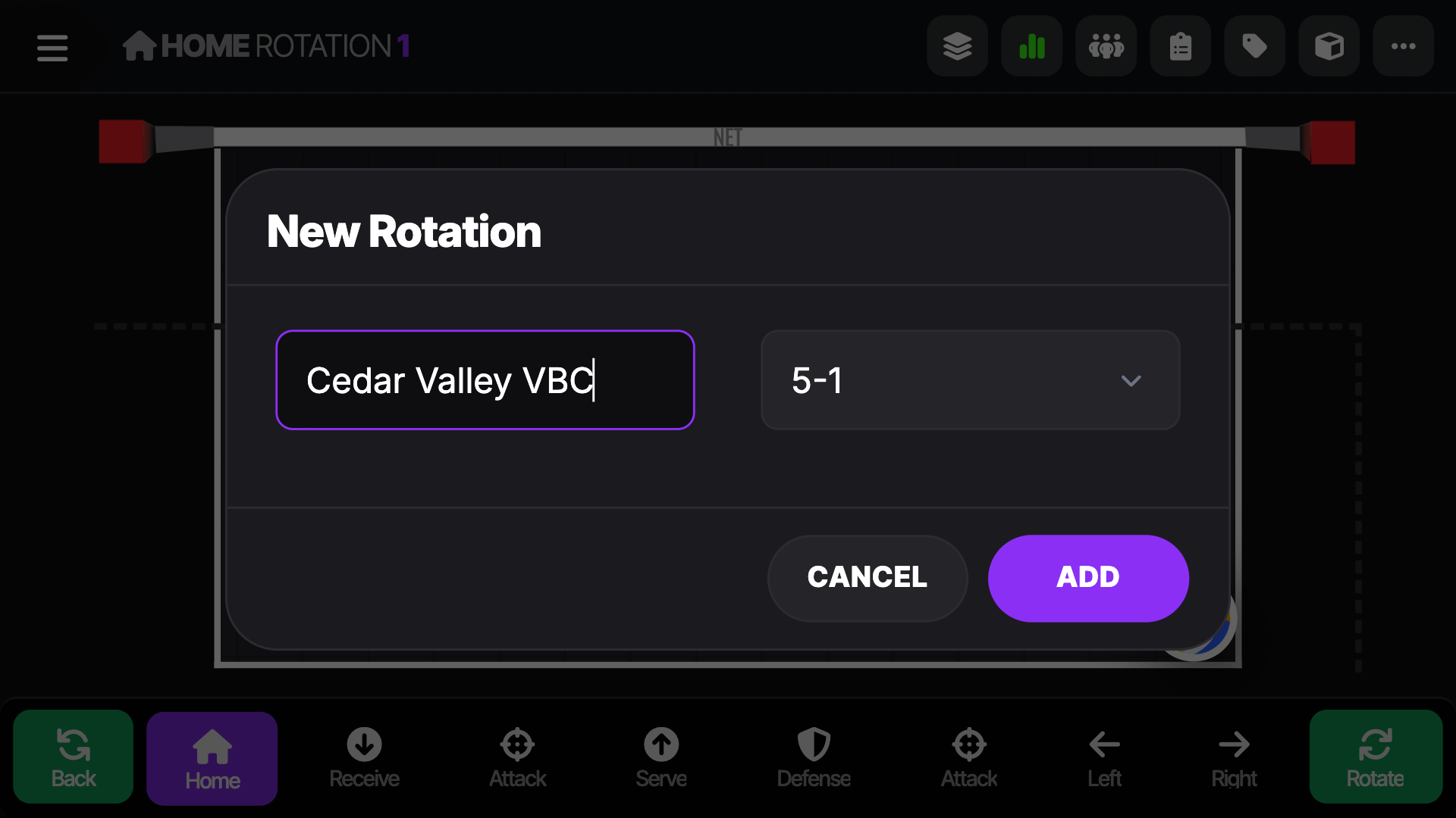 New Rotation Modal In Volleyball Rotations With A Team Name Entered And 5-1 System Selected