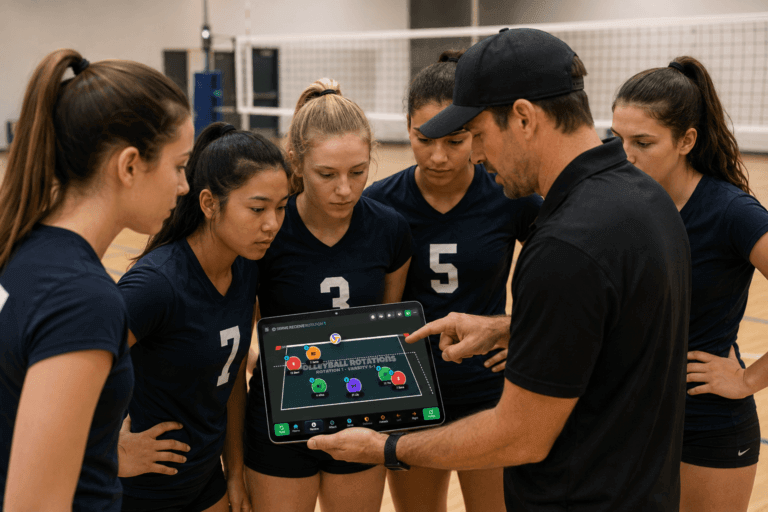 Coach Teaching A Volleyball Rotation To Players Using The Volleyball Rotations App On The Court